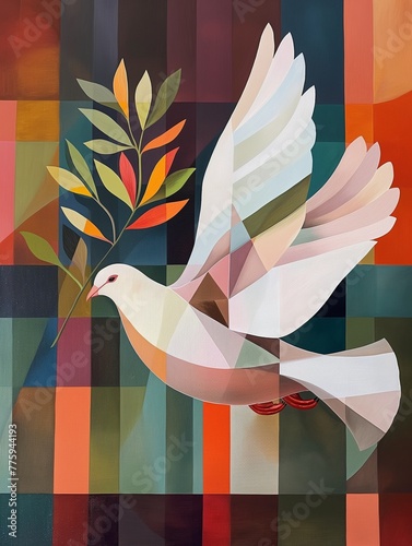 Colorful peace dove design, white bird flying, abstract cubist or neocubist background, modern illustration symbol of peace, hope, freedom, fraternity and love in the world, holy spirit, peaceful mind photo