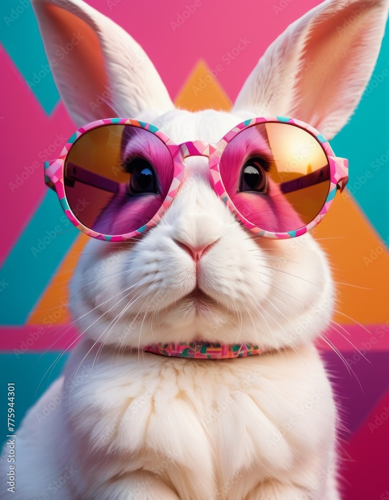 Fashionable white rabbit wearing oversized pink sunglasses against a vibrant geometric background, showcasing a quirky and cool vibe