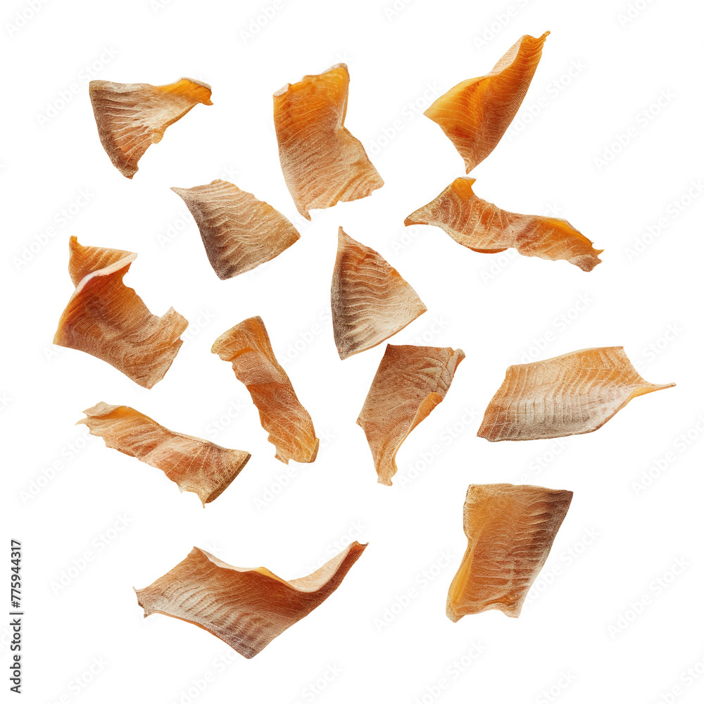 Fototapeta premium A close up of a bunch of pieces of fish on a transparent background