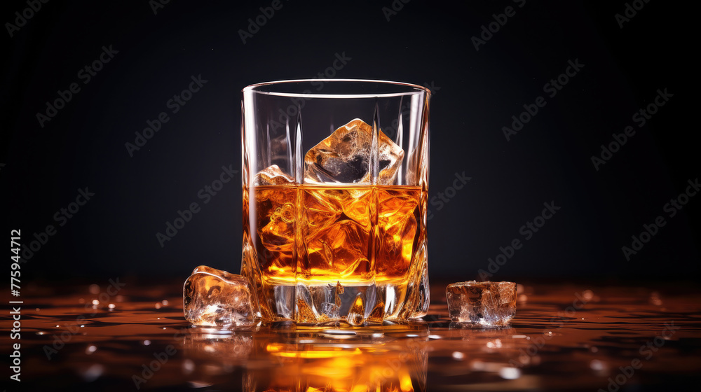 Glowing glass of whiskey or scotch with an ice cube on a dark background.