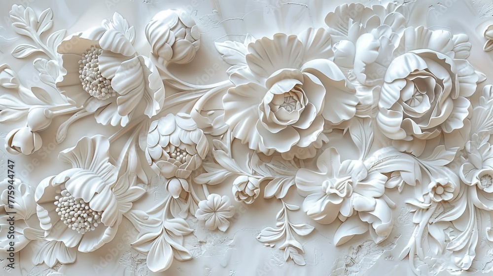 Fototapeta premium Light decorative texture of plaster wall with volumetric decorative flowers.