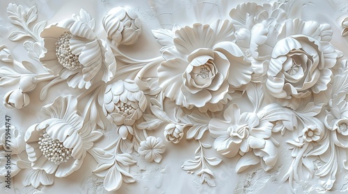 Light decorative texture of plaster wall with volumetric decorative flowers.