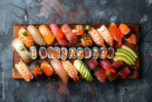 Sushi placed on a wooden board