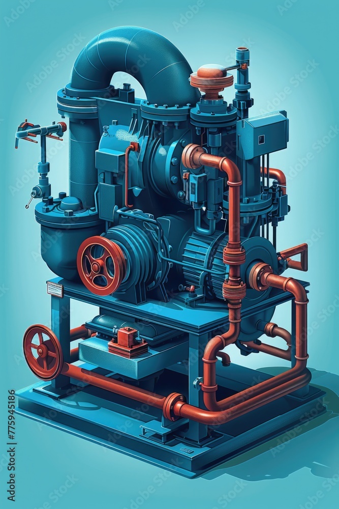 Industrial machine with blue and red colors, suitable for engineering projects