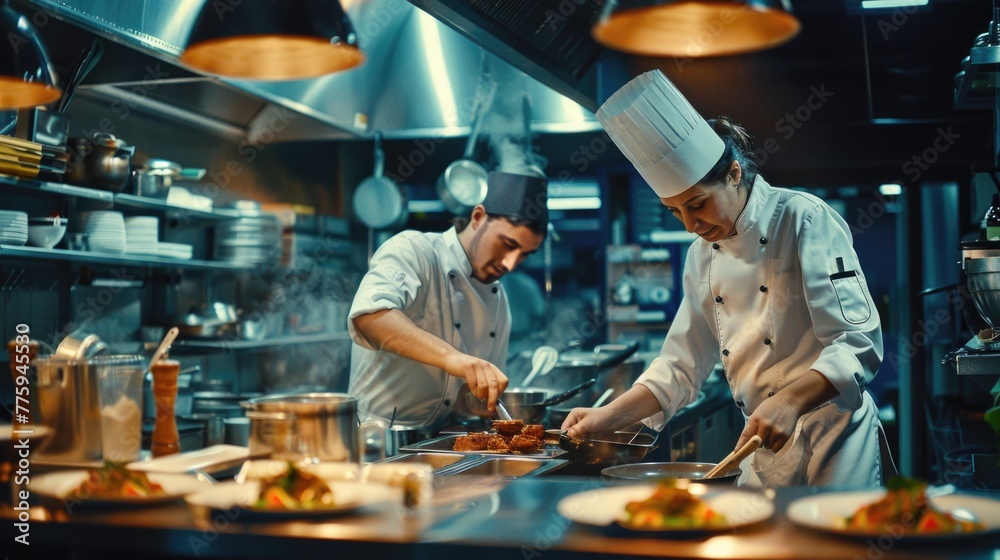 Two chefs working together in a busy kitchen. Great for restaurant or cooking concepts Two chefs working together in a busy kitchen. Great for restaurant or cooking concepts
