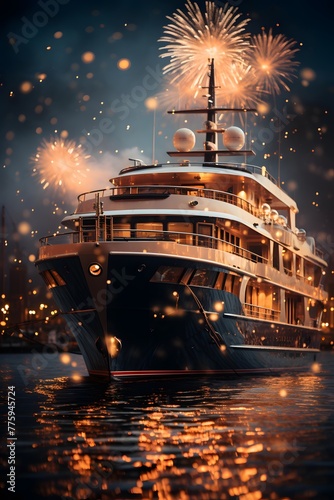 Cruise ship with fireworks in the night sky. 3d illustration © Iman