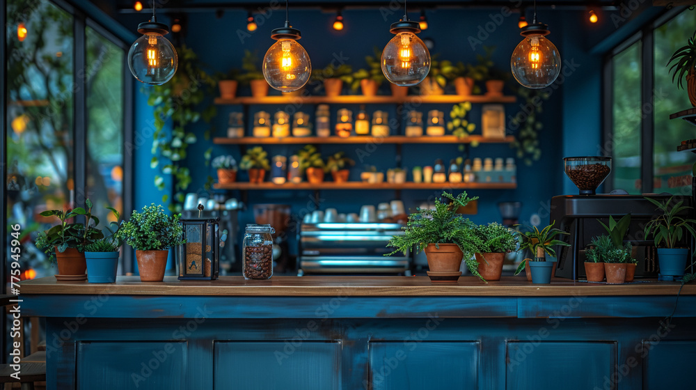 Cozy cafe interior with blue aesthetic and warm lighting