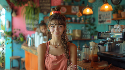 Young woman enjoying time in a colorful cozy cafe. Coffee bar styling