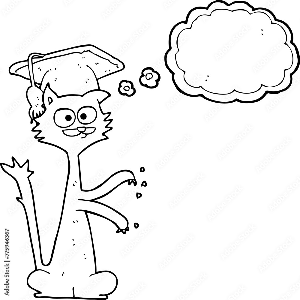 freehand drawn thought bubble cartoon cat scratching with graduation cap