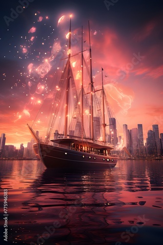 Sailing ship in the sea at sunset. 3d illustration.