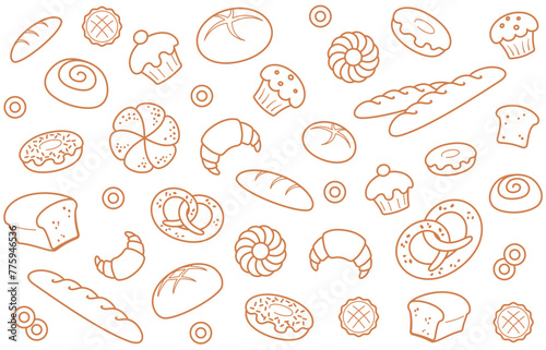 Bread and pastries background. Seamless pattern with hand drawn bakery products. Design web site  packing  textile  fabric. Isolated on white background. Vector illustration