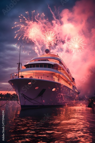 Cruise ship with fireworks in the night sky. 3d rendering