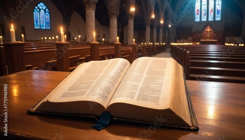 An open holy book resting on a wooden lectern in the tranquil atmosphere of a candlelit church