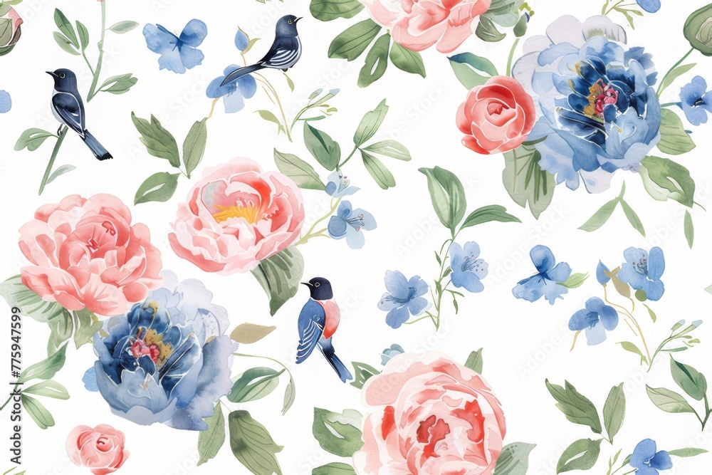 Fototapeta premium Seamless vintage watercolor with peonies and birds.