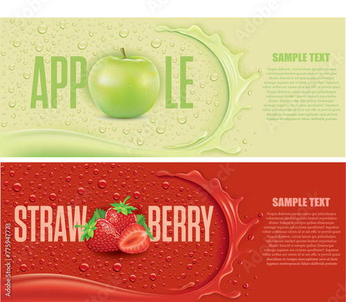 many fresh drops on red and green backgrounds with splash and apple and strawberry