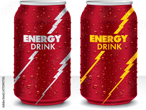 Red Energy drink tin can with many fresh juice drops. Template Tin package design	