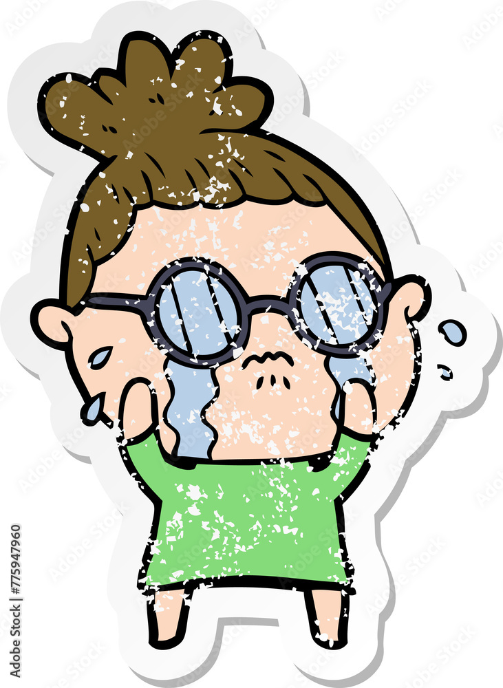 distressed sticker of a cartoon crying woman wearing spectacles distressed sticker of a cartoon crying woman wearing spectacles