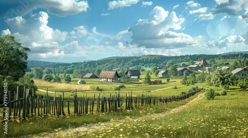 A peaceful scene of a field with a fence  with houses in the distance. Suitable for real estate or rural lifestyle concepts