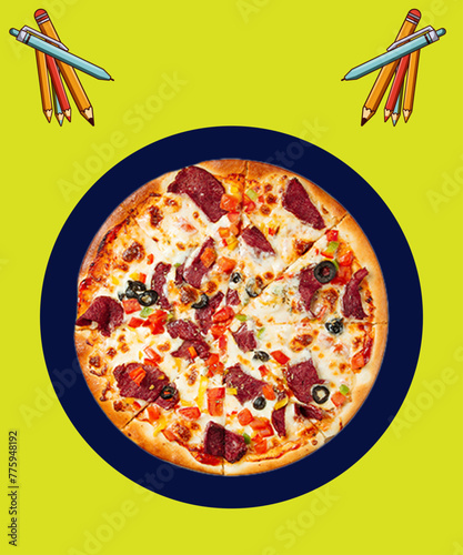 Colorful Round Tasty Pizza vector.