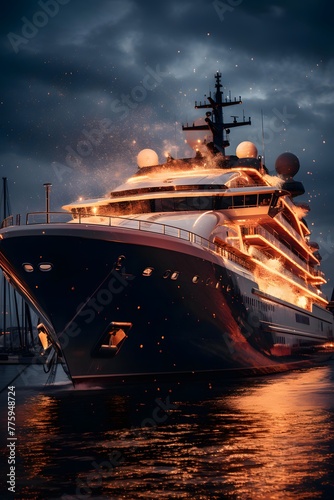 Cruise ship in the port of Odessa at night, Ukraine
