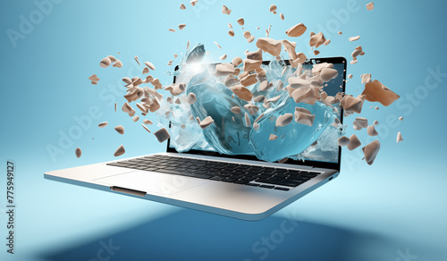 Laptop with dynamic explosion with debris flying outwards Centered on an explosion of energy Convey the concept of technological progress or the power of progress with a simple backdrop.