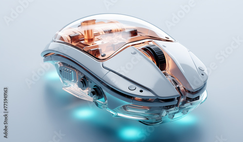 Modern transparent computer mouse model, internal structure and components visible. highlighted by cool blue light. emanating from the base It indicates advanced technology and wireless connectivity.