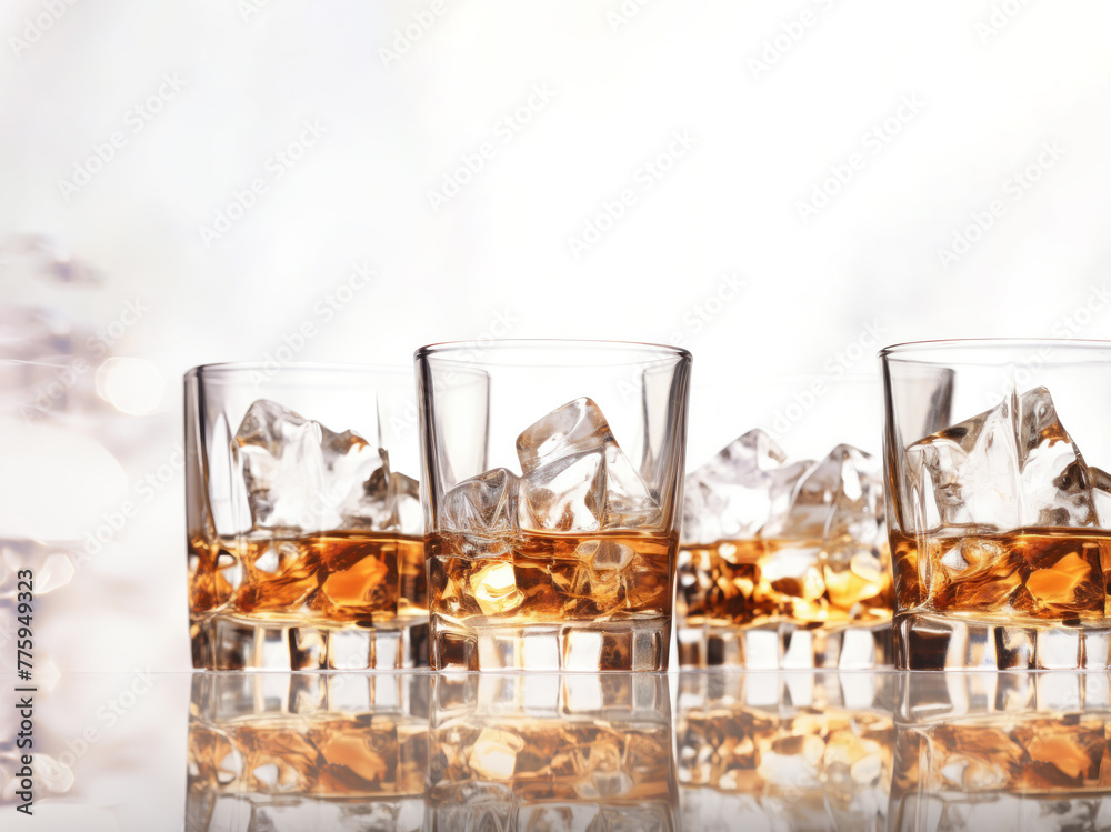 A row of glasses of whiskey or scotch with ice on a white reflective water surface. - obrazy, fototapety, plakaty 