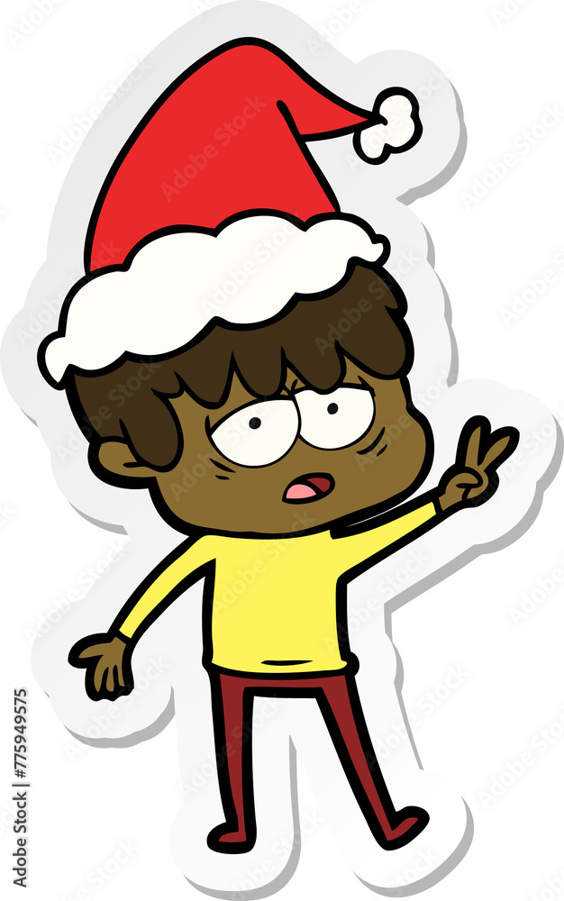 hand drawn sticker cartoon of a exhausted boy wearing santa hat hand drawn sticker cartoon of a exhausted boy wearing santa hat