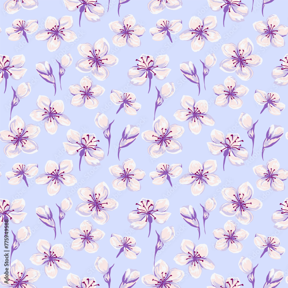 Pastel blue seamless pattern with artistic abstract flowers and buds. Vector hand drawn. Floral ornament. Blossom spring wild meadow light printing. Template for designs, fabric, textiles
