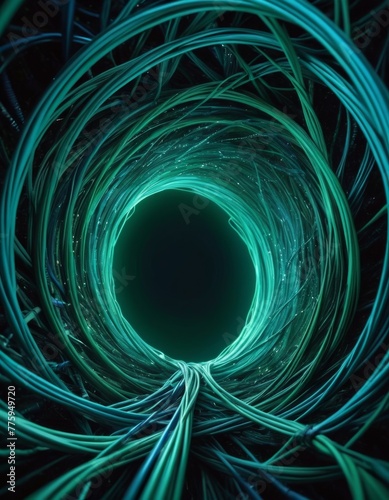 A captivating image featuring a swirl of fiberoptic cables creating an enchanting tunnel-like vortex illuminated by a vibrant teal light