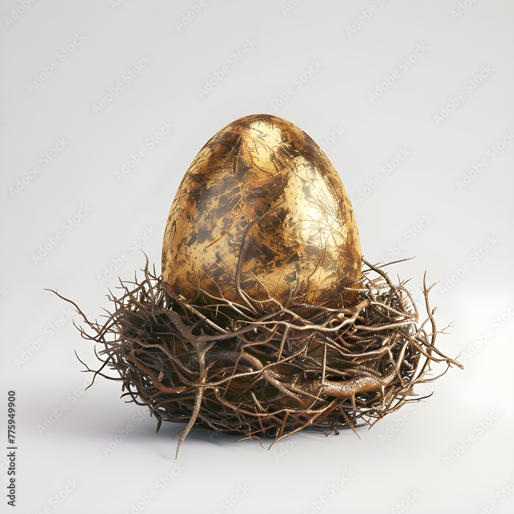 Obraz premium Beautiful shiny golden egg in bird nest against white background - Ai Generated