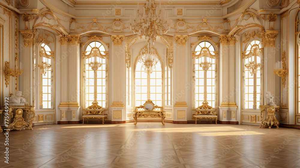 A classic extravagant European style palace room with gold decorations. wide format, 