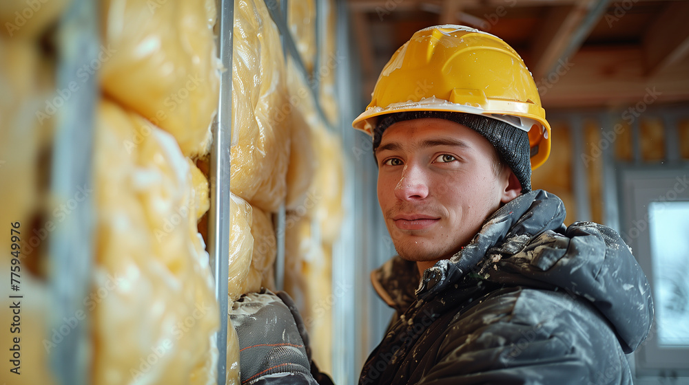 Construction workers are installing fiberglass insulation house walls ...