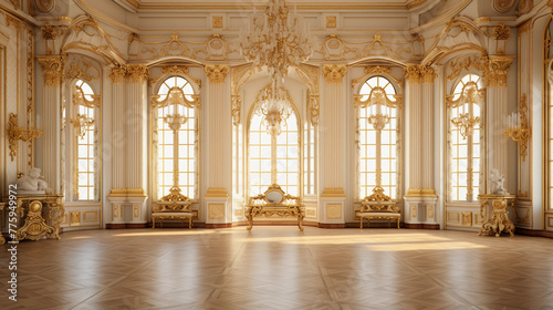 A classic extravagant European style palace room with gold decorations. wide format, 