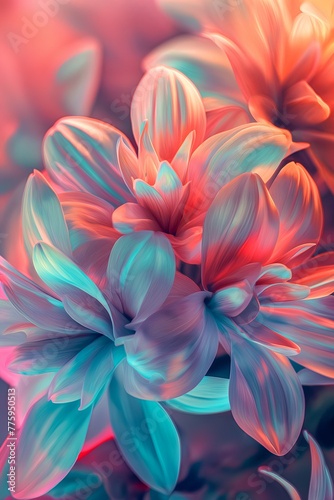 A close-up of dahlia flowers with a surreal twist, rendered in stunning turquoise and red tones, ideal for creative florals.