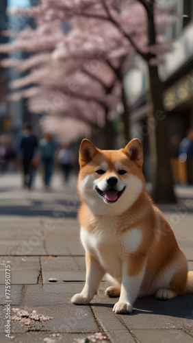  happy shiba inu dog sitting on a paved path surrounded by blooming cherry blossom trees