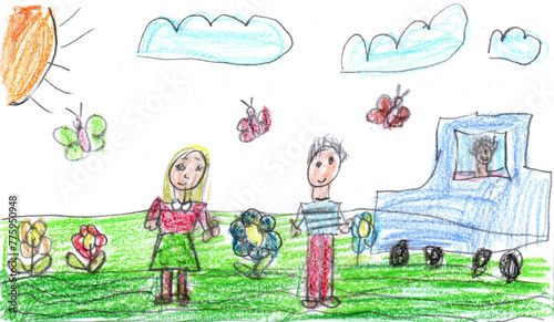 Child drawing of a happy family on a walk. Happy family on a walk outdoors