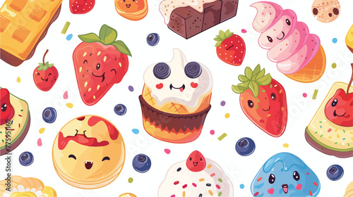 Seamless pattern cute food characters.colorful kawa