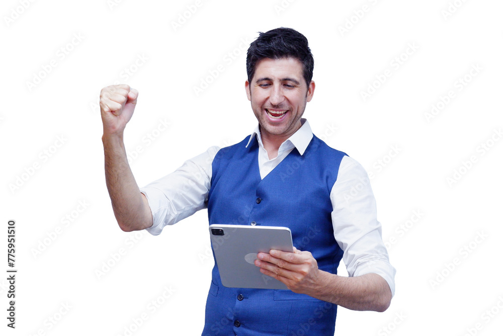 Smiling young businessman holding tablet on transparent background. Smiling young businessman holding tablet on transparent background.