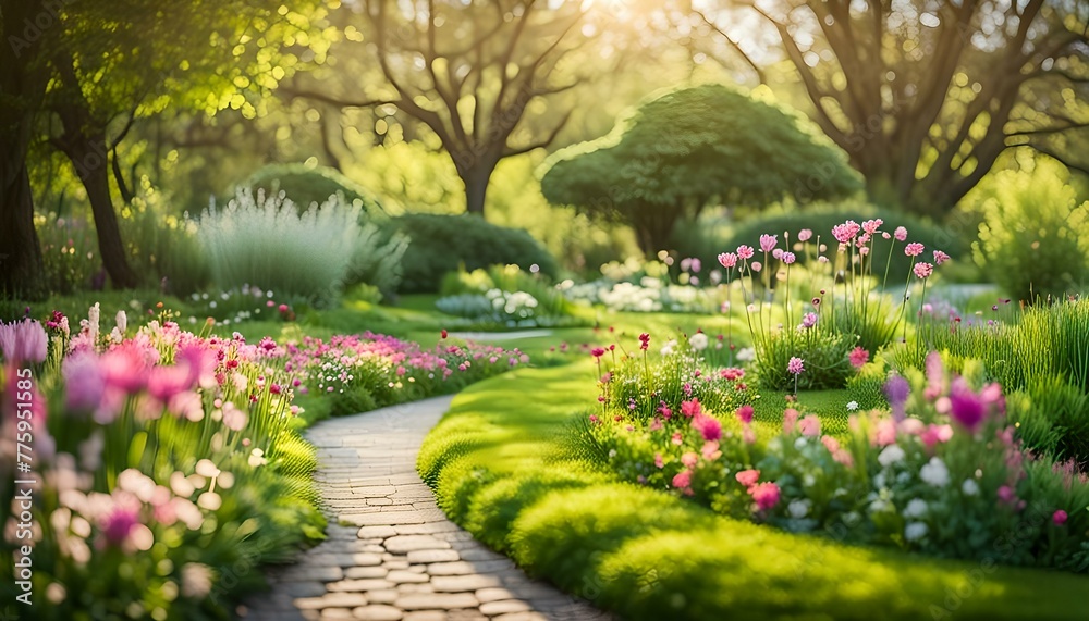Lush green botanical garden - blooming spring flowers and lawn path.
