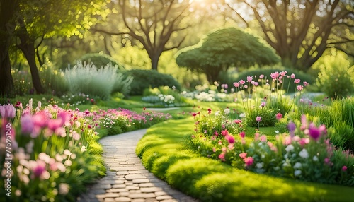 Lush green botanical garden - blooming spring flowers and lawn path.  © JohnLee