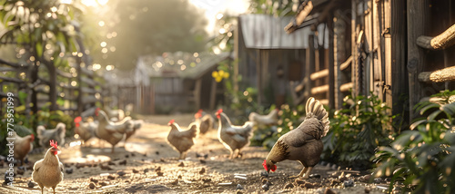 Chickens graze freely in the vibrant farm meadow at sunlight - Ai Generated photo