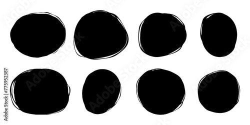 Set of abstract shaped stickers for unique modern designs. 8 abstract flowing shapes on white background. Black grunge stickers for adding text, creating patterns, design and printing.