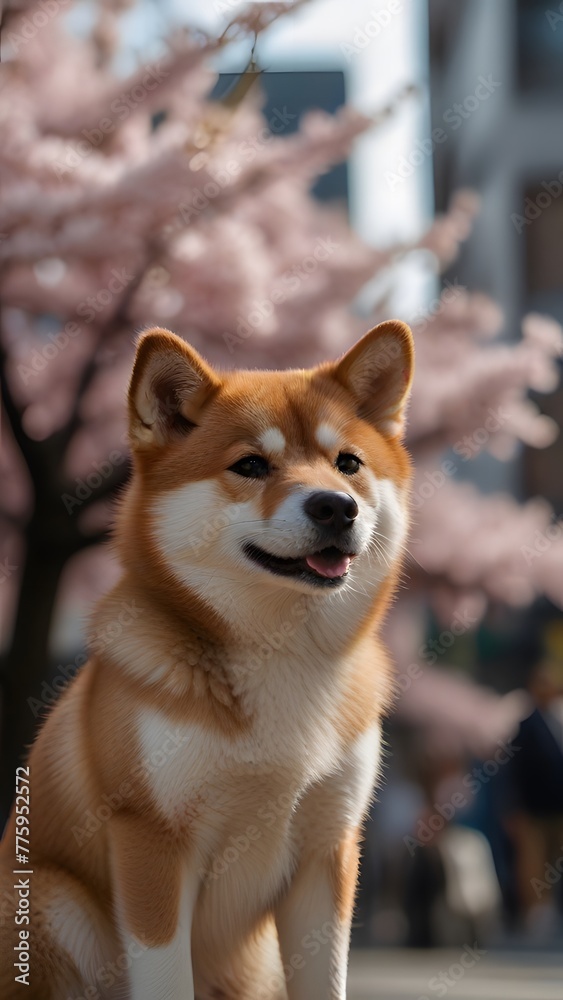 happy shiba inu dog sitting on a paved path surrounded by blooming cherry blossom trees happy shiba inu dog sitting on a paved path surrounded by blooming cherry blossom trees