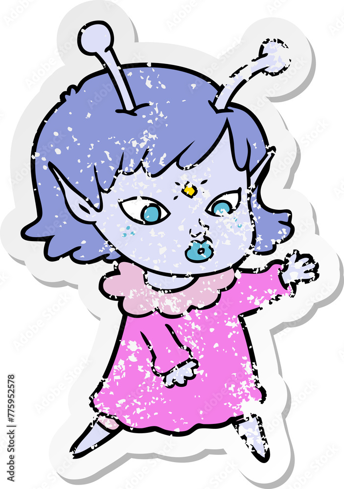 distressed sticker of a pretty cartoon alien girl distressed sticker of a pretty cartoon alien girl