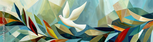 Horizontal border or banner with a flying peace dove, beautiful illustration with a white bird and olive tree branch, symbol of peace, love and freedom, nature abstract cubist style design background