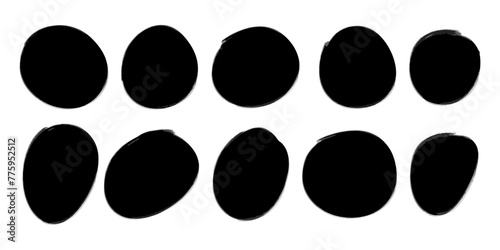 Set of abstract shaped stickers for unique modern designs. 10 abstract flowing shapes on white background. Black round stickers for adding text, creating patterns, design and printing.