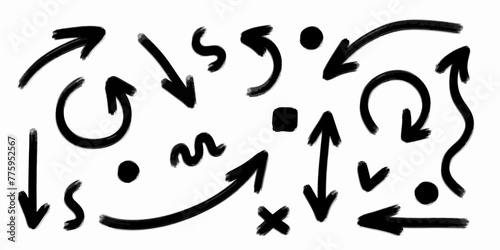 Set of arrows in black of different shapes. Dotted arrow, rounded arrow. Drawing arrows by hand. Show the direction with a hand-drawn arrow.
