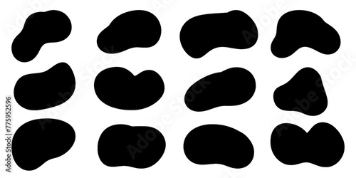 Set of abstract shaped stickers for unique modern designs. 12 abstract flowing shapes on white background. Black stickers for adding text, creating patterns, design and printing.