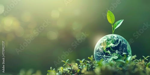 A natural environment for Earth Day featuring a plant seed growing in a forest on the planet surrounded by water